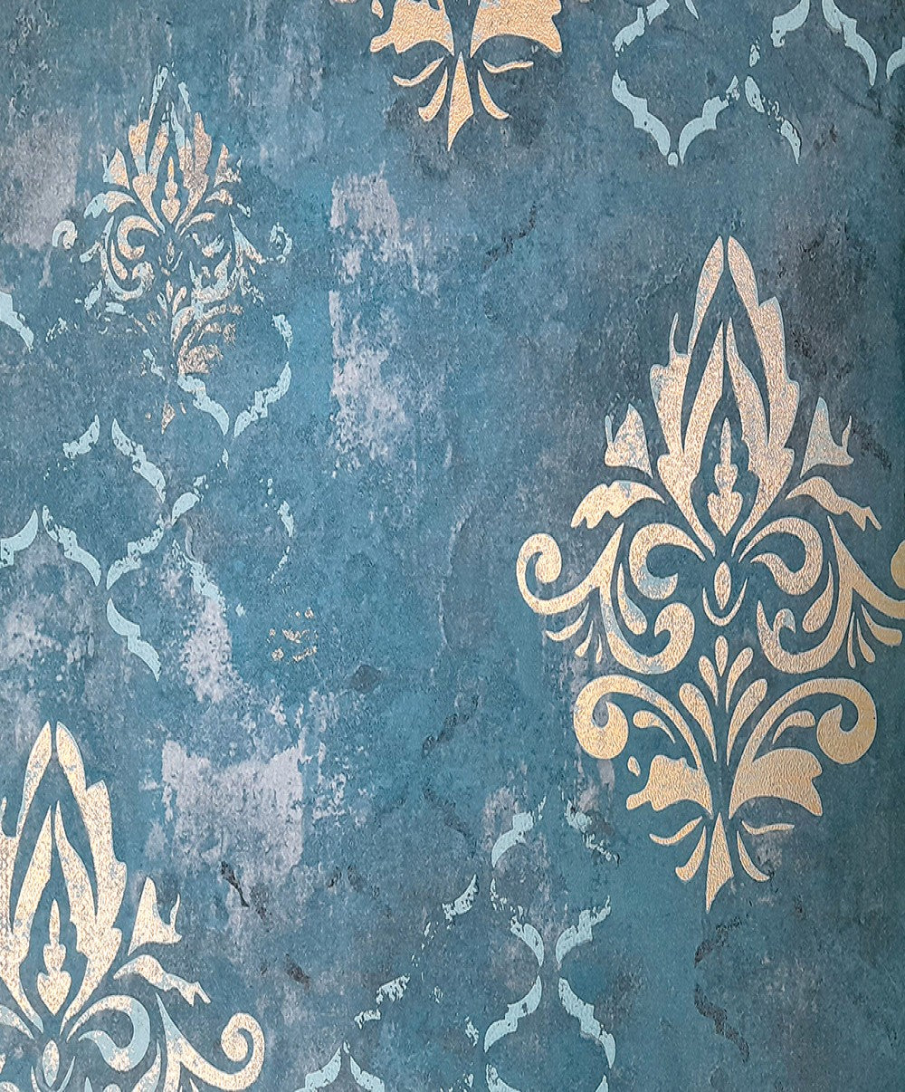 Golden Damask Green Textured Lisbon Wallpaper Roll for Wall Decoration