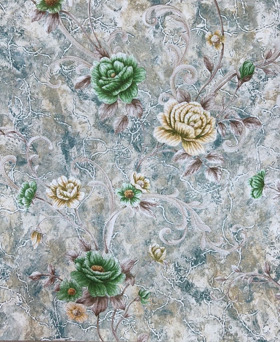 Floral Design Green Colour Wallpaper Roll for Wall Covering Living Room, Bedroom Wall Tejas