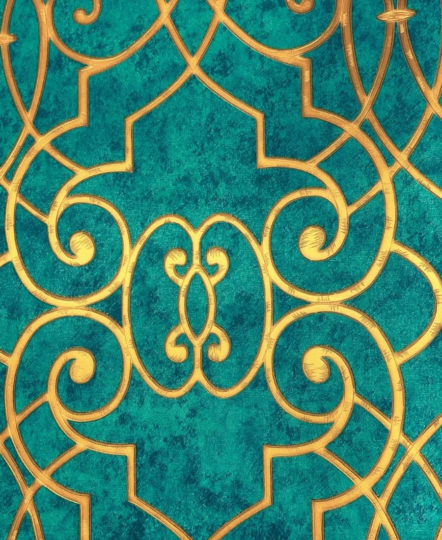 Green & Golden Damask Design Wallpaper Roll for Wall Covering Living Room, Bedroom Wall Tejas