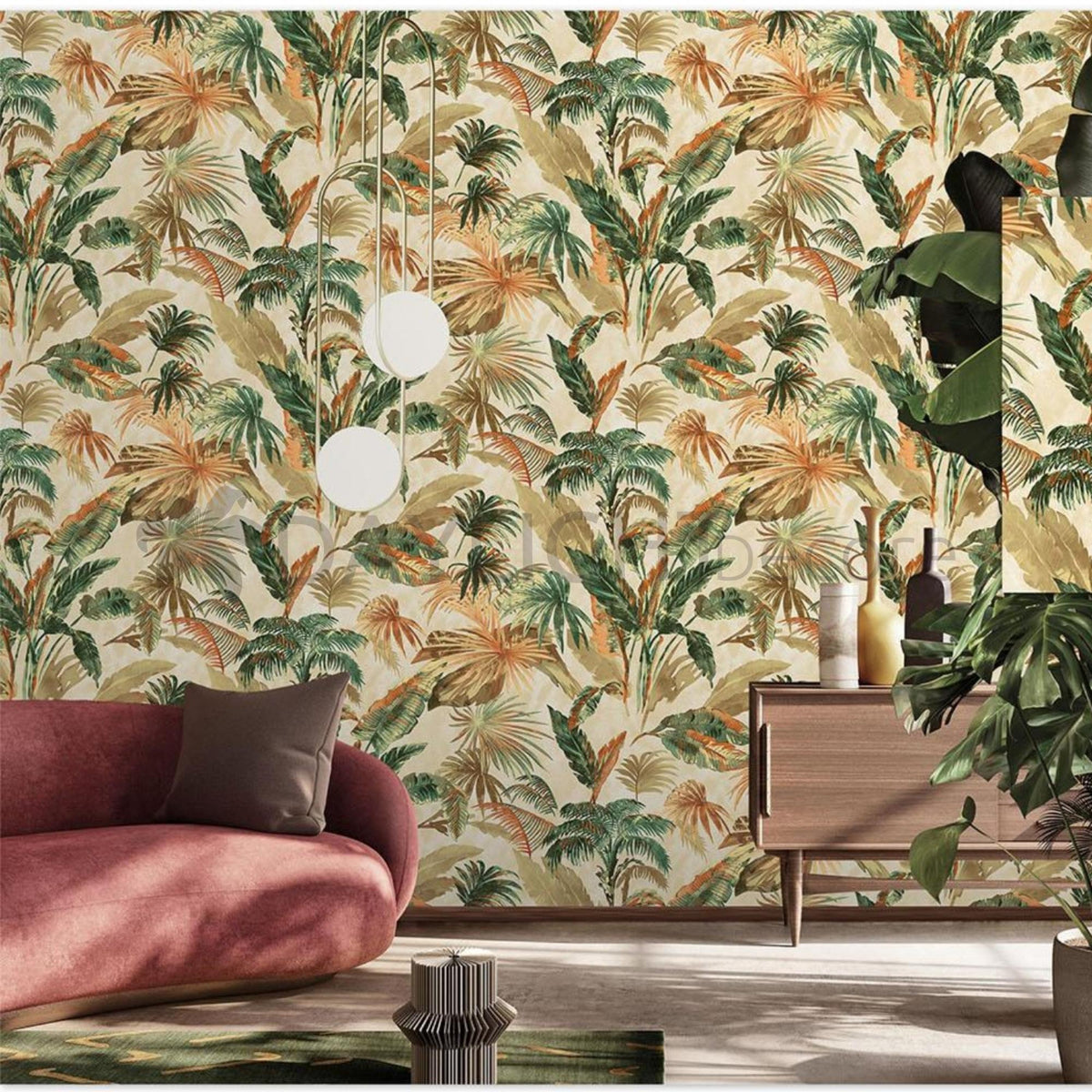 Tropical Plant Forest Banana Tree Leaf Green & Glden mix Wallpaper Roll. Home Decor Botanical Wallcovering 55 S.ft Roll Size