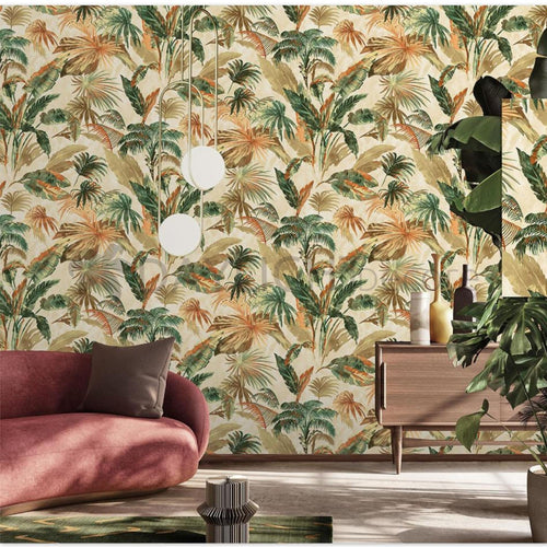 Tropical Plant Forest Banana Tree Leaf Green & Glden mix Wallpaper Roll. Home Decor Botanical Wallcovering 55 S.ft Roll Size