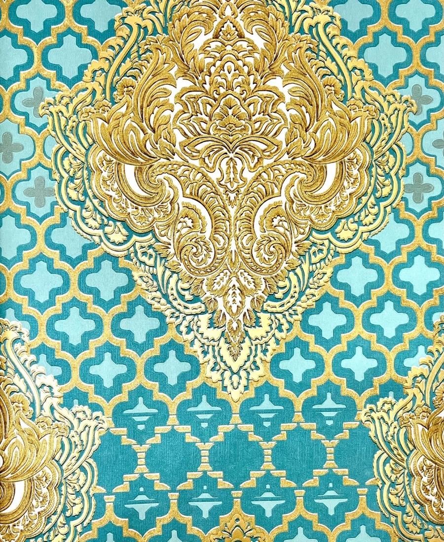 teal and gold damask wallpaper