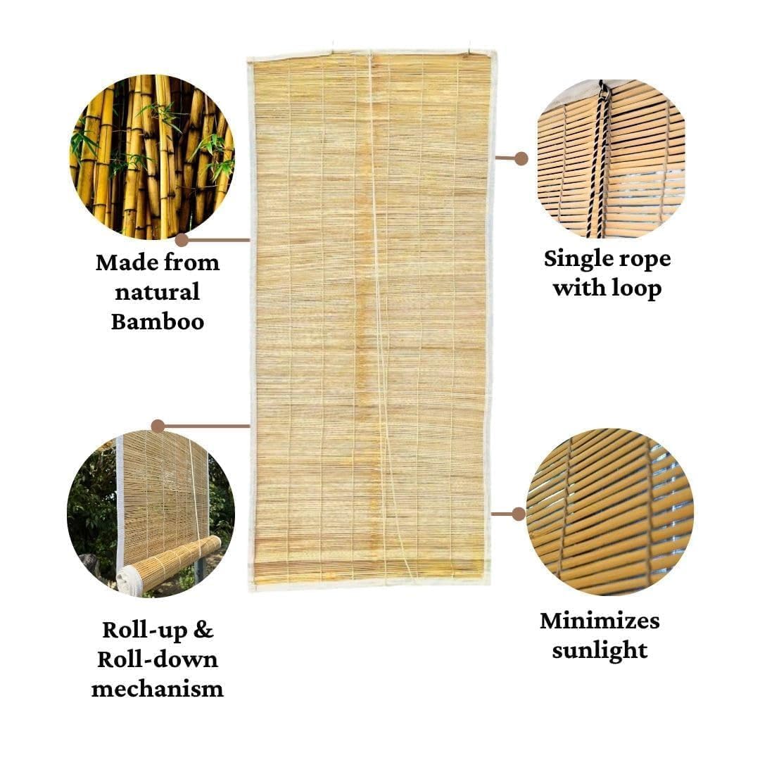 Bamboo Chick Blinds for Balcony Windows Roll Up Rope Mechanism Bamboo Shade Waterproof Sunlight UV Dust Protection Curtain for Home Hotel Dhaba Resort