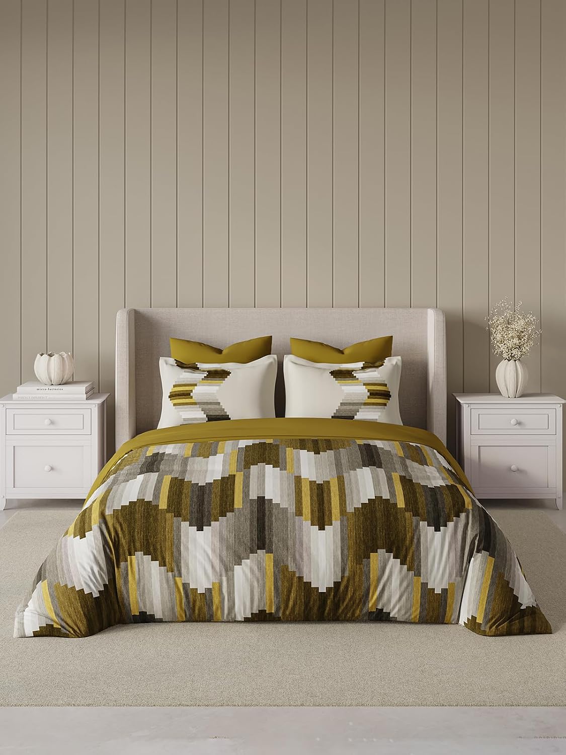 D'Decor 100% Cotton King Size Bedsheet with 2 Pillow Covers | 180 TC Digital Print Floral Design | 274cm x 274cm | Grid (Mustard)