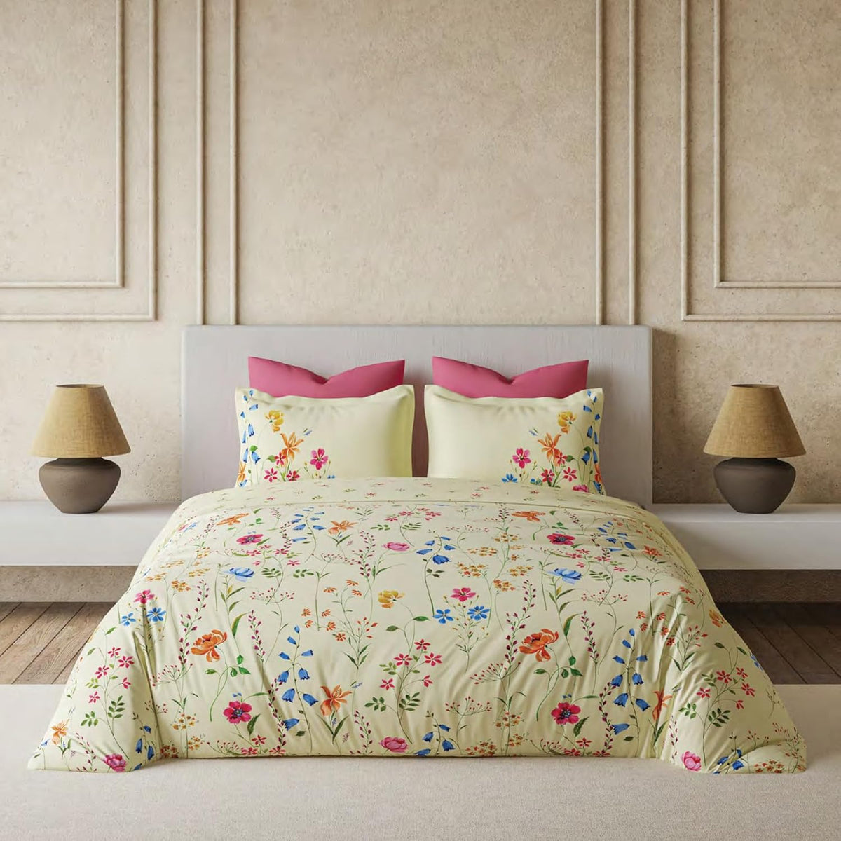 D'Decor King Size Bedsheet 164 TC Cotton with 2 Pillow Covers - Size: 229cm x 274cm - Package Includes: 1 Bedsheet & 2 Pillow Covers - Sweet Cream Florals