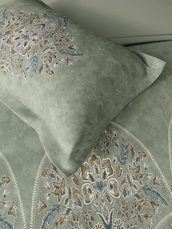 D'Decor 100% Cotton King Size Bedsheet with 2 Pillow Covers | 180 TC Digital Print Floral Design | 274cm x 274cm | Opaline (SAGE)