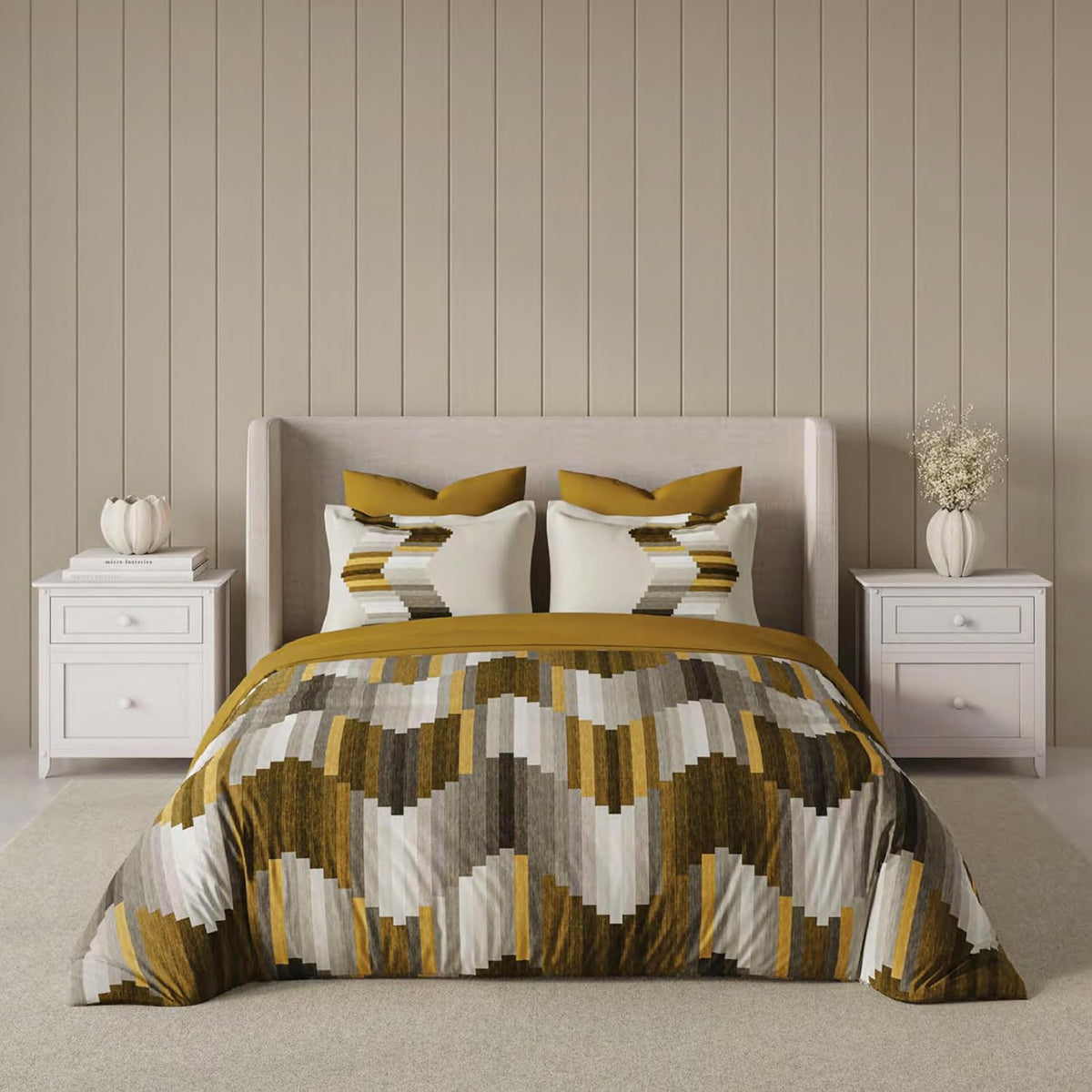 D'Decor 100% Cotton King Size Bedsheet with 2 Pillow Covers | 180 TC Digital Print Floral Design | 274cm x 274cm | Grid (Mustard)
