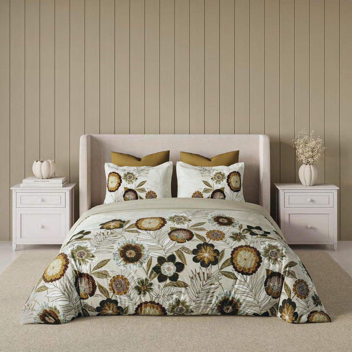 D'Decor 100% Cotton King Size Bedsheet with 2 Pillow Covers | 180 TC Digital Print Floral Design | 274cm x 274cm | Grid (Mustard) (Copy)