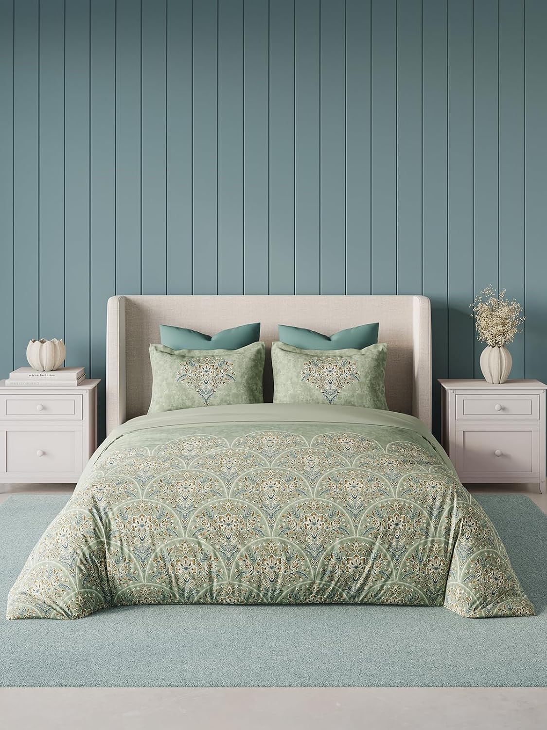 D'Decor 100% Cotton King Size Bedsheet with 2 Pillow Covers | 180 TC Digital Print Floral Design | 274cm x 274cm | Opaline (SAGE)