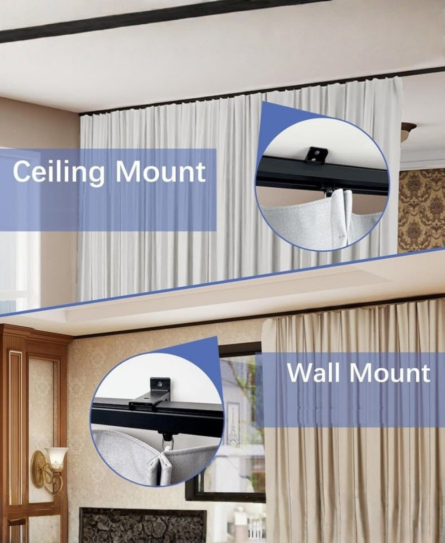Curtain Track Deluxe Silent Channel for Window/Door/Office Ceiling Fit, Complete Accessories Set With Runners, Hooks, End Caps, Wall Brackets, Screws & Wallplugs