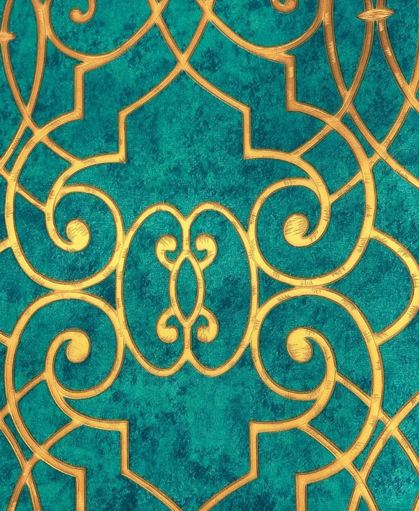 Green & Golden Damask Design Wallpaper Roll for Wall Covering Living Room, Bedroom Wall Tejas