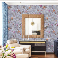 Floral Design Blue Colour Wallpaper Roll for Wall Covering Living Room, Bedroom Wall Tejas