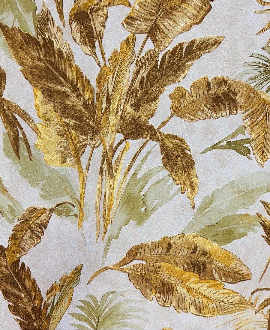 Tropical Plant Forest Banana Tree Leaf Light Green & Golden Mix Wallpaper Roll. Home Decor Botanical Wallcovering 55 S.ft Roll Size