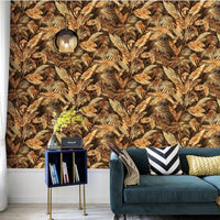 Banana Leaf Tree Forest Brown Mix Golden Wallpaper Roll. Home Decor Botanical Wallcovering 55 S.ft Roll Size