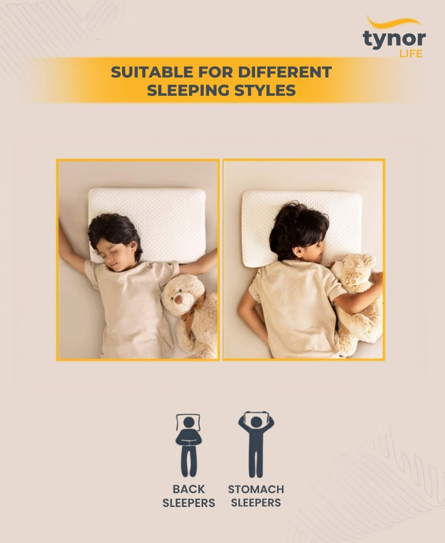 TYNOR Ortho Memory Child Pillow, for Neck Pain Relief & Spine Support, Soft Comfort for Better Sleep | Pressure Relief for Back, Side, & Stomach Sleepers | Universal Fit (White, Child, 1 Unit)