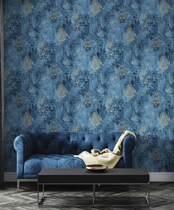 Lisbon Golden Damask blue New Design Wallpaper
